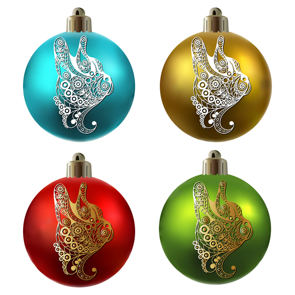 Colored christmas balls with floral dog vector 19