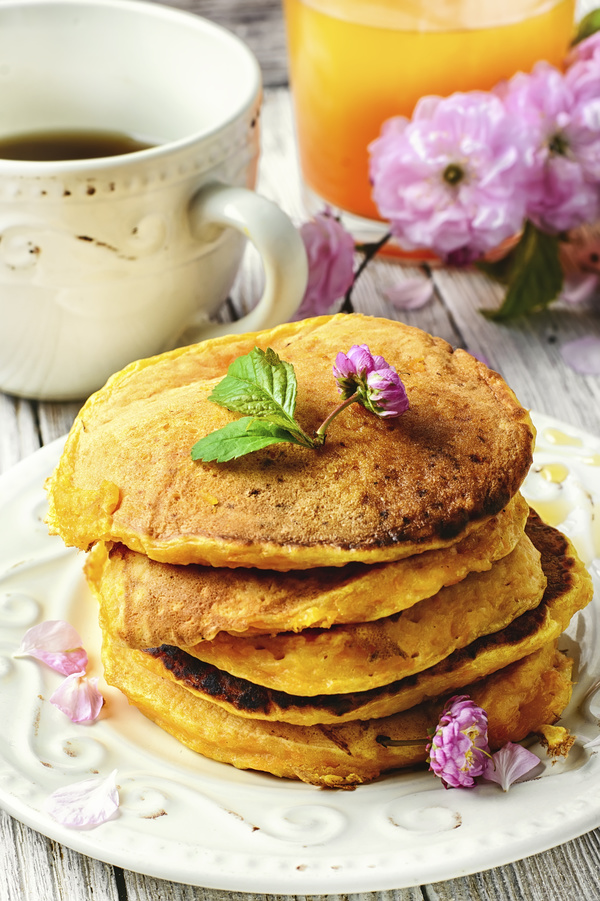 Floral decorated pancakes Stock Photo