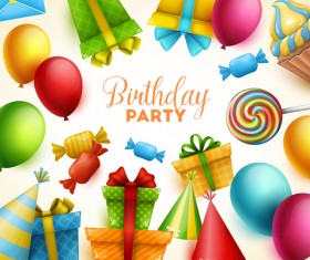 Gifts and sweets with birthday party background vector 01