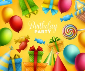 Gifts and sweets with birthday party background vector 03