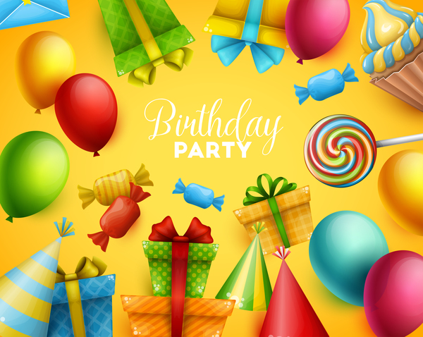 Gifts and sweets with birthday party background vector 03