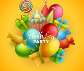 Gifts and sweets with birthday party background vector 05