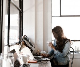 Girl drinks coffee Internet Stock Photo