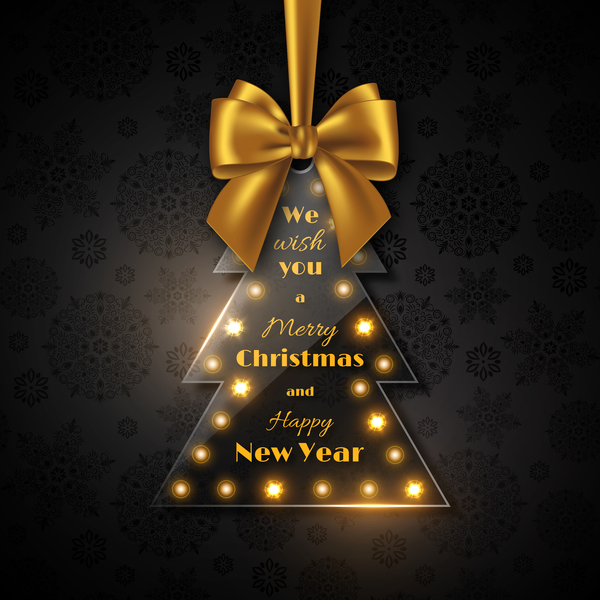 Glass christmas tree with golden bow vector 02