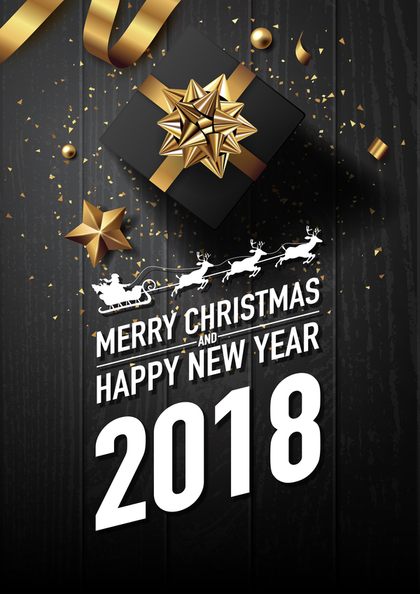 Golden 2018 yew year card with black wooden background vector 05