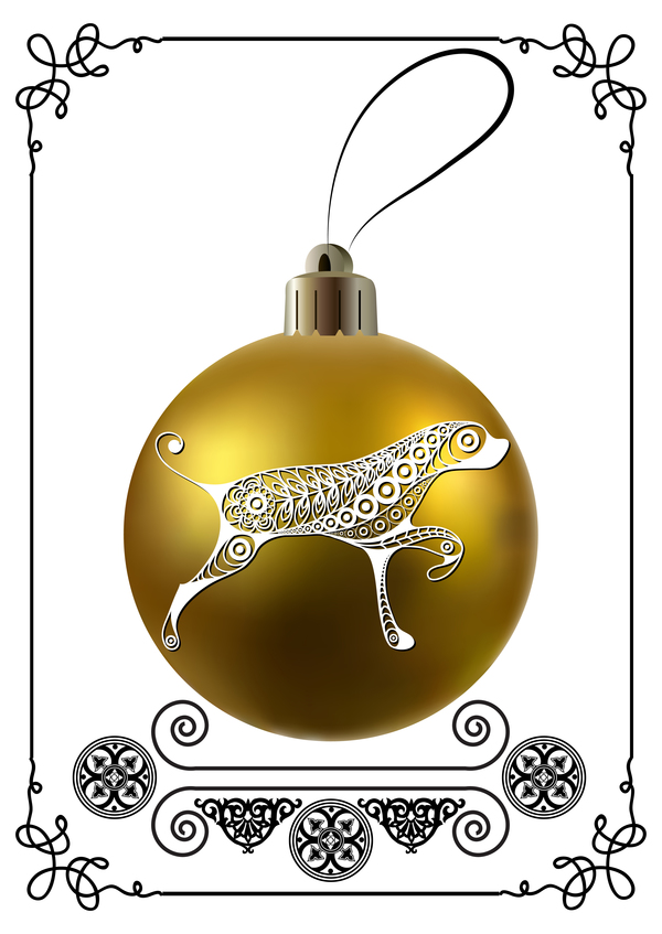 Golden christmas ball with new year dog frame vector 03
