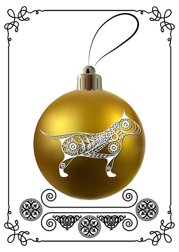 Golden christmas ball with new year dog frame vector 05