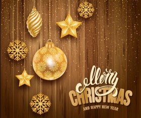Golden christmas baubles with wooden background vector
