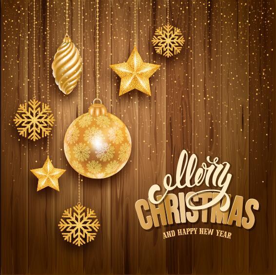 Golden christmas baubles with wooden background vector