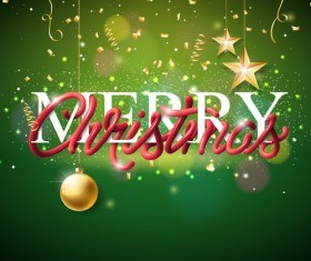 Golden stars with christmas ball decor and green christmas background vector