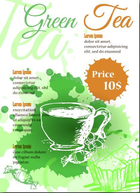 Green tea poster template with watercolor vector 01