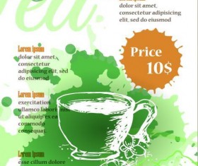 Green tea poster template with watercolor vector 02