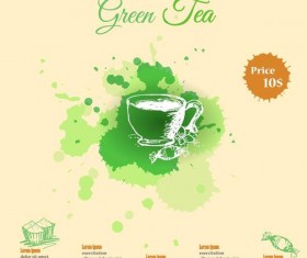 Green tea watercolor background template vector