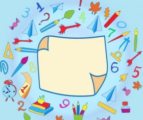 Hand drawn school elements with blank paper background vector 07
