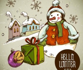 Hand drawn snowman with gift box christmas vector