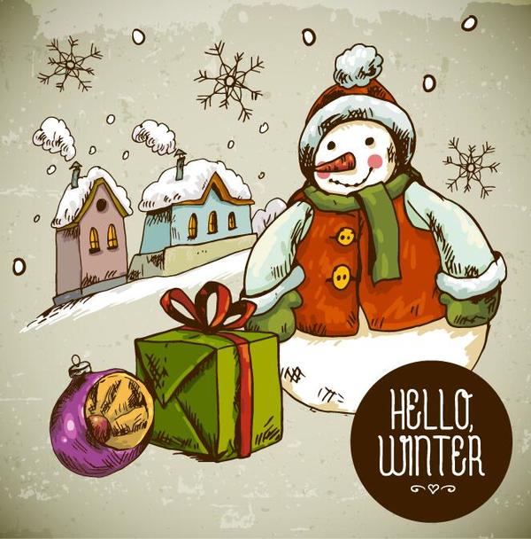 Hand drawn snowman with gift box christmas vector