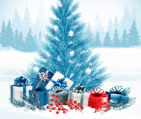 Holiday christmas background with colorful gift boxes and blue tree vector
