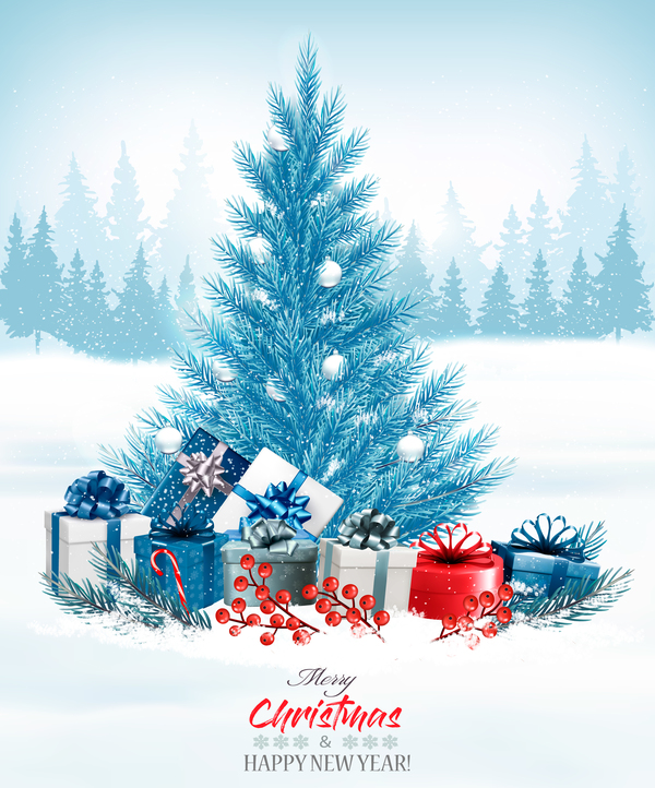 Holiday christmas background with colorful gift boxes and blue tree vector