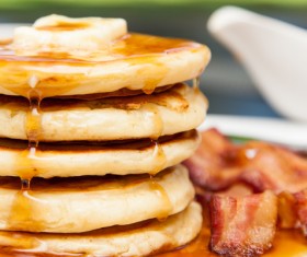 Honey pancakes with roasted meat Stock Photo