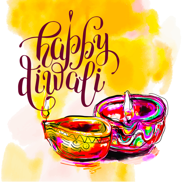 Indian happy diwali holiday background hand drawn vector 01