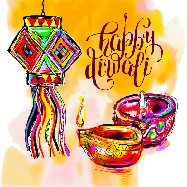 Indian happy diwali holiday background hand drawn vector 02
