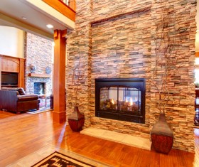 Living room with stone fireplace Stock Photo