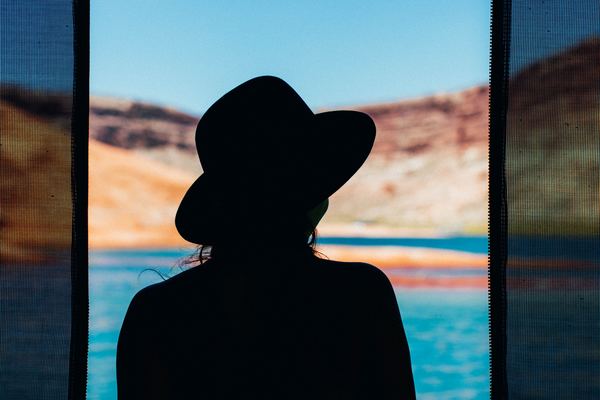 Look at the Lake Powell woman Stock Photo