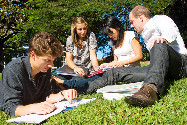 Male and female students sitting in the grass Stock Photo 02