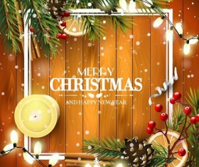 Merry christmas and happy new year frame with wooden background vector