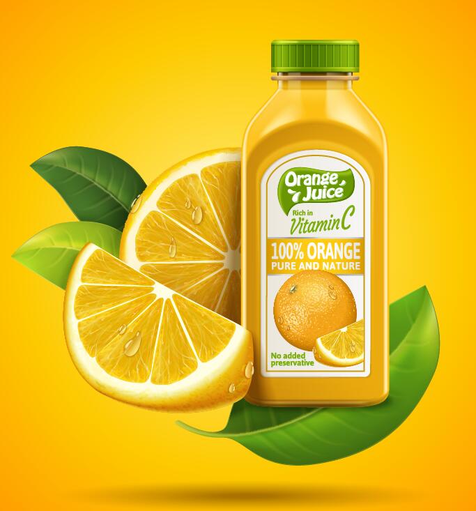 Orange pure and nature juice with packaging bottles vector 01