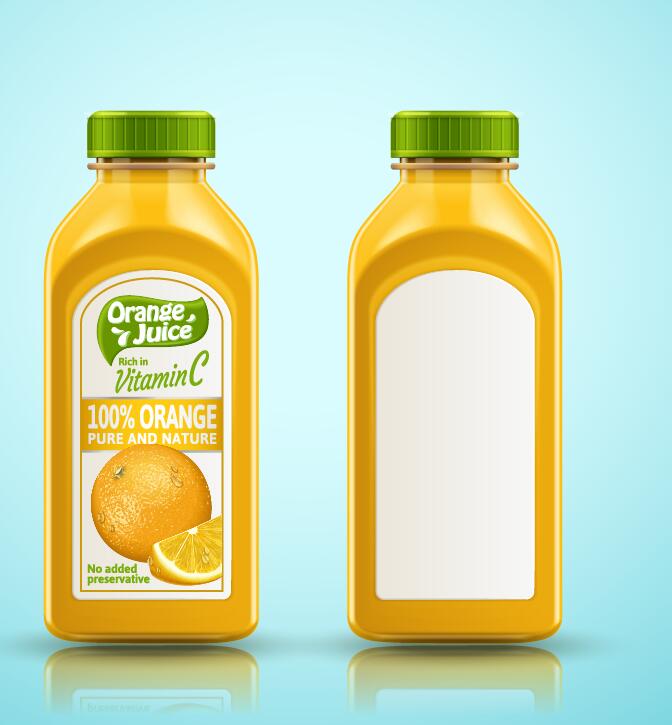 Orange pure and nature juice with packaging bottles vector 02