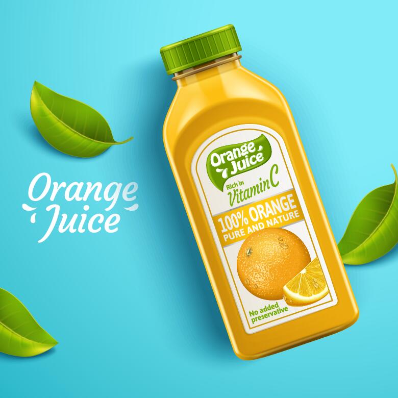 Orange pure and nature juice with packaging bottles vector 03