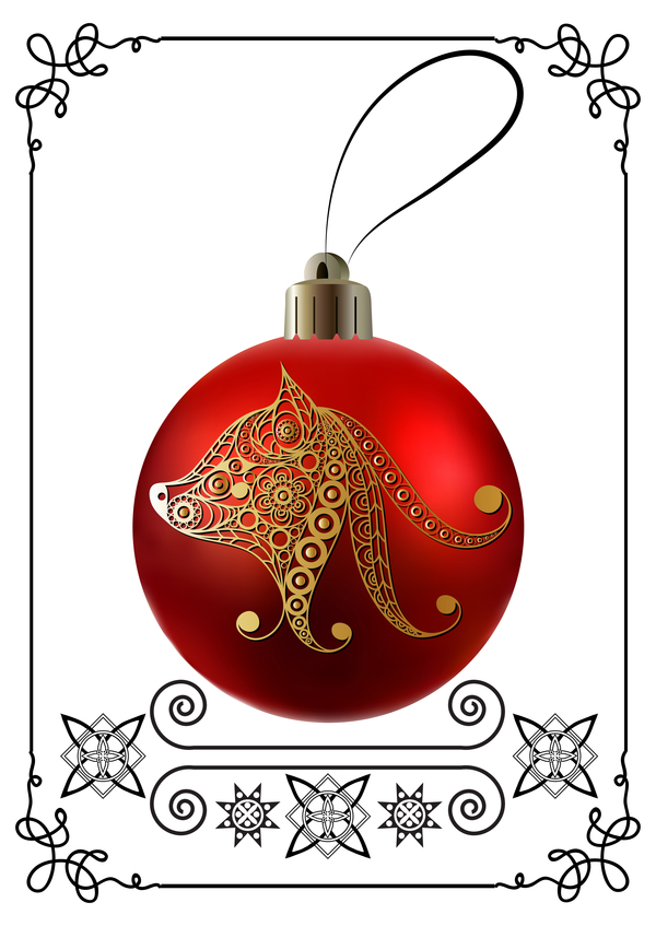 Red christmas ball with new year dog frame vector 01