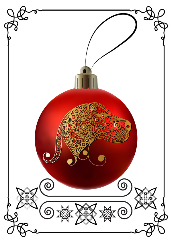 Red christmas ball with new year dog frame vector 02