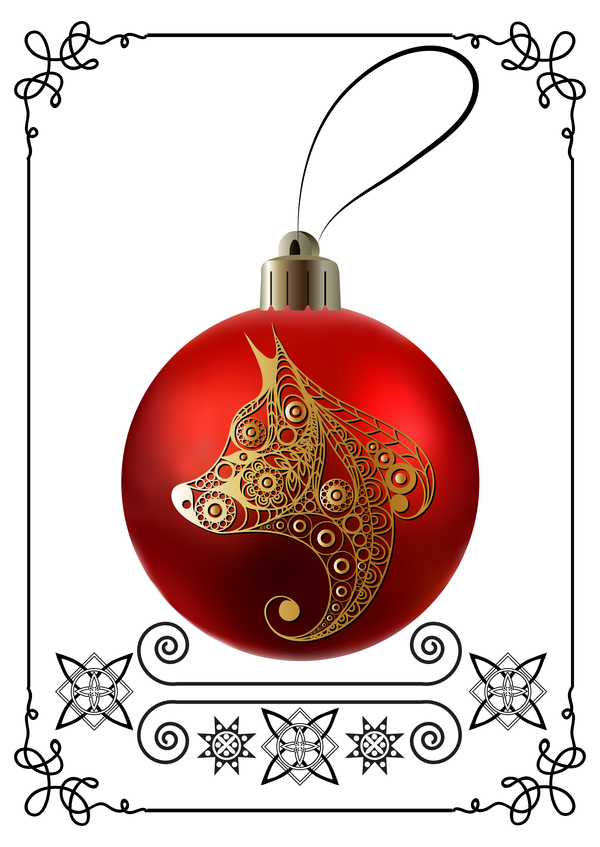Red christmas ball with new year dog frame vector 03