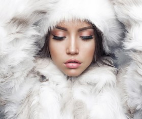 Red eye shadow makeup of the girl wearing a fur coat Stock Photo 01
