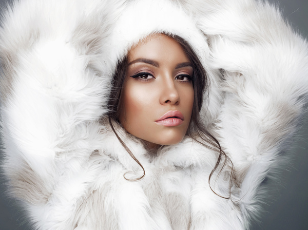 Red eye shadow makeup of the girl wearing a fur coat Stock Photo 06