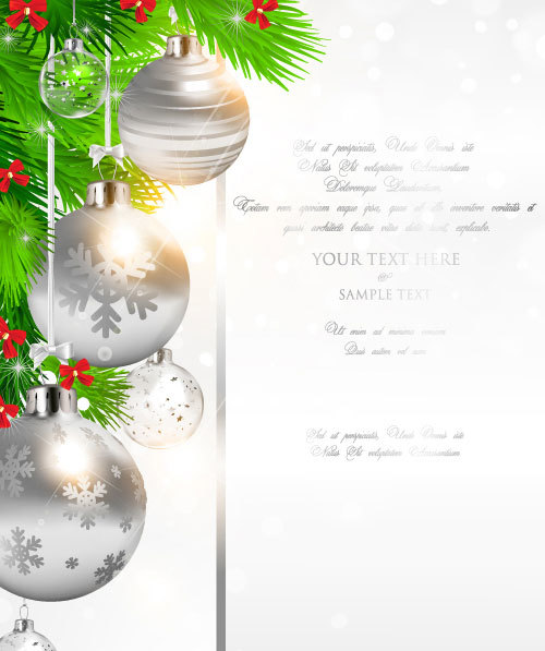 Silver christmas balls with fir and greenting card vector
