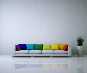 Sofa with multicolored sofa cushions Stock Photo