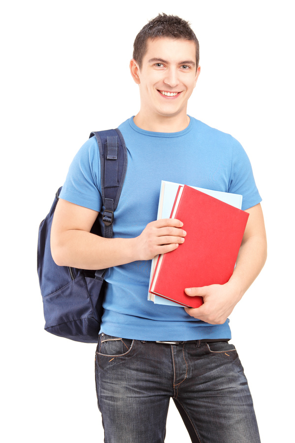 Student carrying a bag smiling Stock Photo