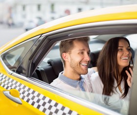 Taxi sweet couple in car Stock Photo