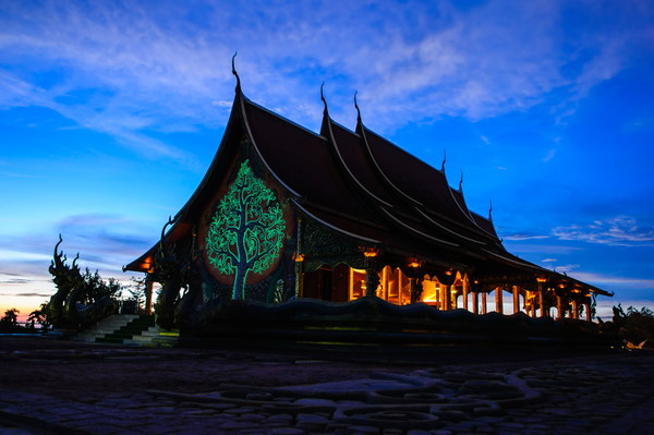 Thai Buddhist temple night closeup Stock Photo