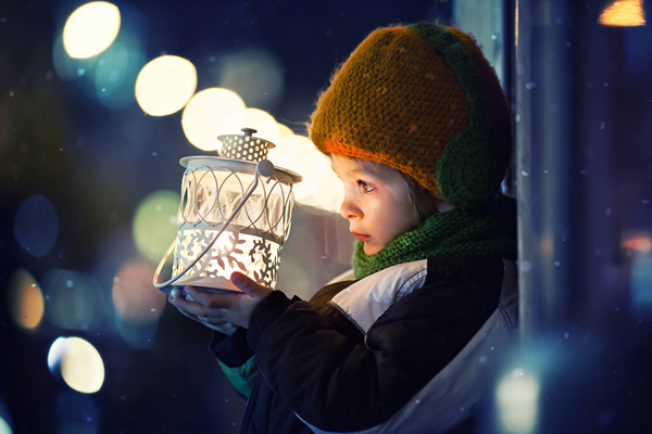 The children holding white lanterns Stock Photo