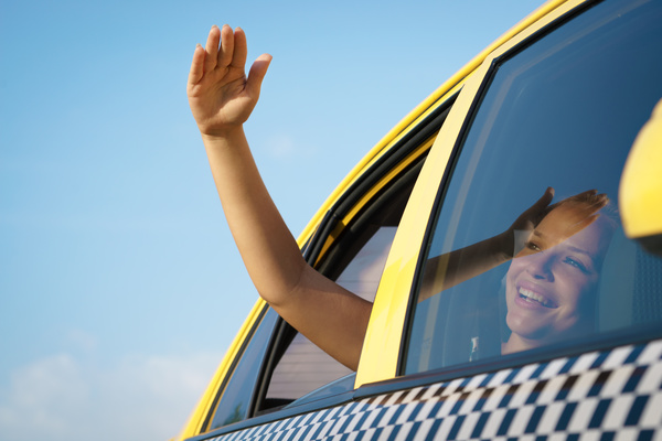 The girl who looks at the sun in Taxi Stock Photo 01