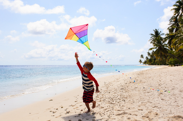 The little boy flying the kite on the beach Stock Photo