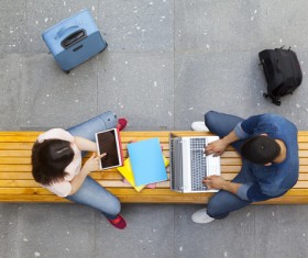 Use the computer men and women Stock Photo