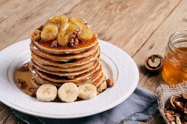 Walnut banana pancakes Stock Photo