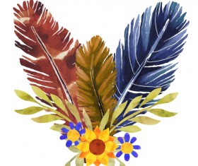 Watercolor feather with flower vectors 01