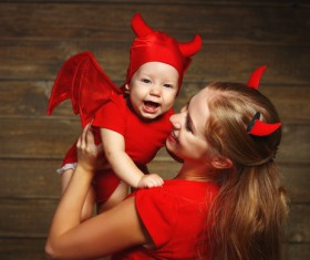 Wearing Halloween costume mother and child Stock Photo 03