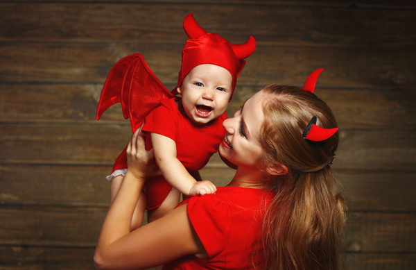 Wearing Halloween costume mother and child Stock Photo 03